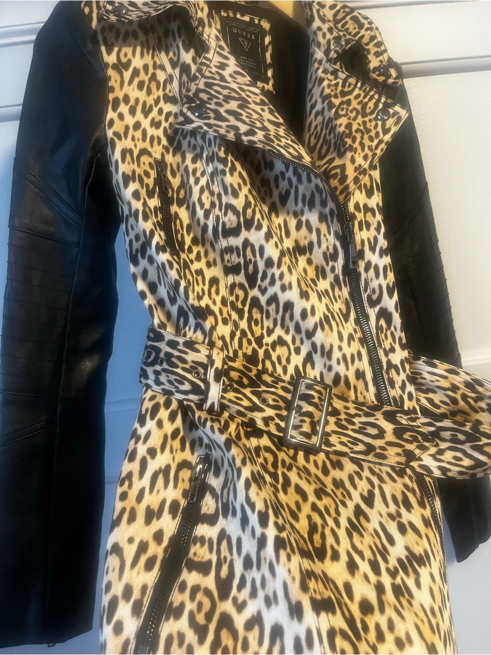 Guess Leopard Print Coat with Black Faux Leather Sleeves